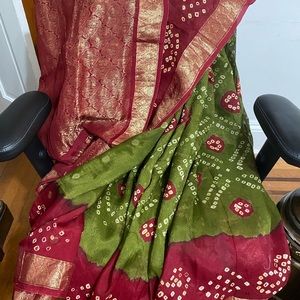 Bandhej (bandhni) red green Brand new bandhni  saree sari